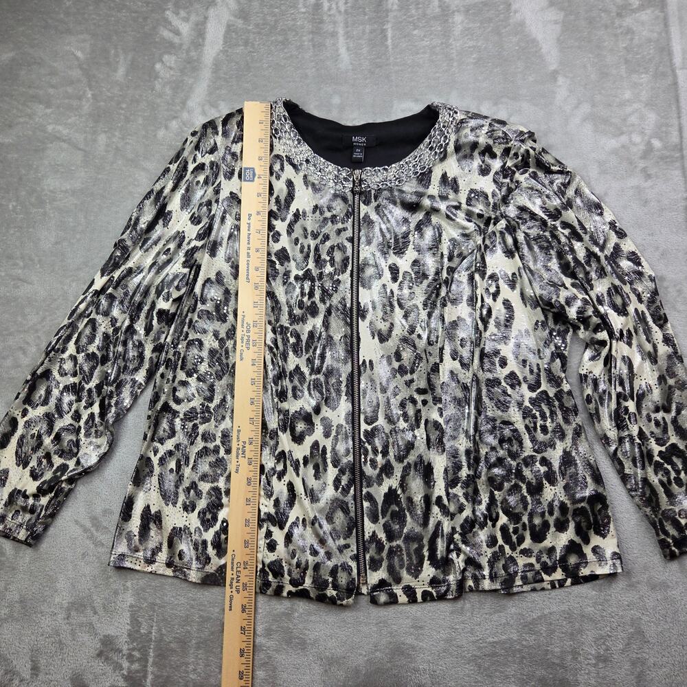 MSK Women 2X Plus Leopard Animal Print Metallic Chain Zip Front Top Glam Chic - Picture 10 of 12